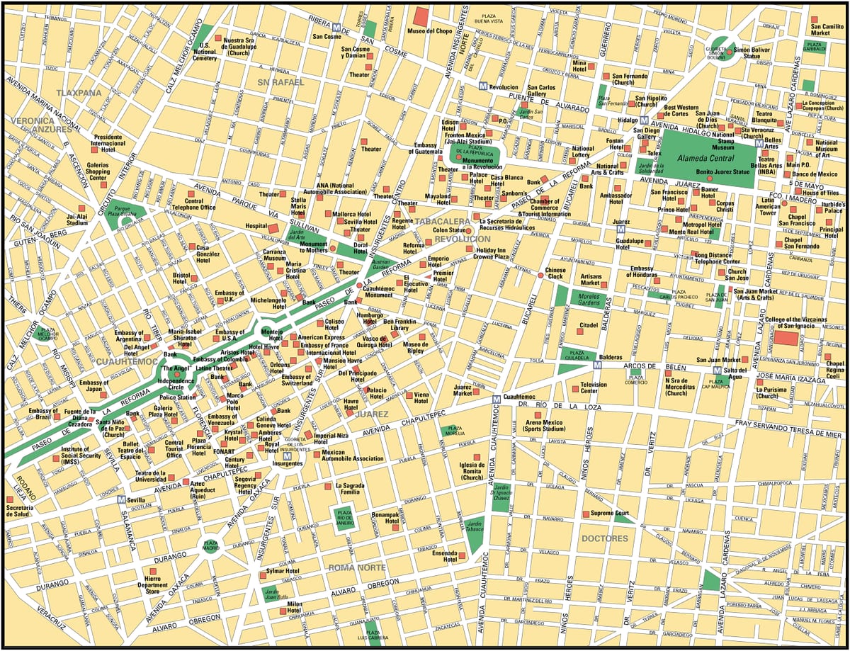 Mappa turistica di Città del Messico con attrazioni, musei, luoghi d'interesse e monumenti