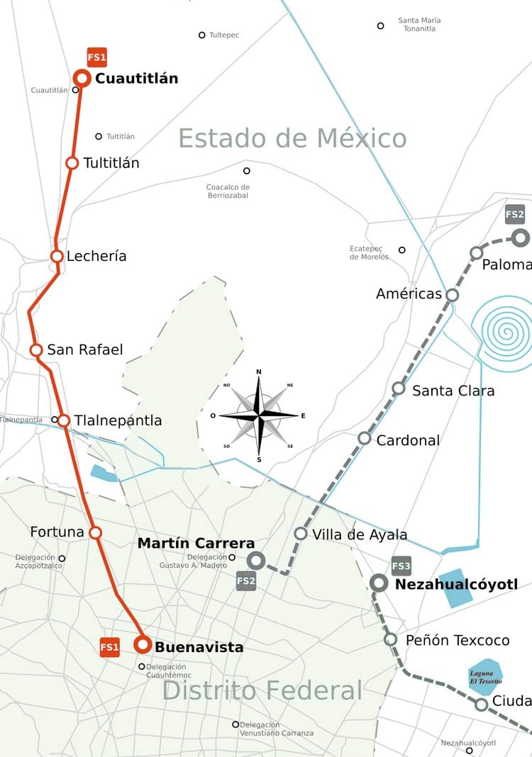 Mappa della rete del treno urbano e suburbano di Città del Messico