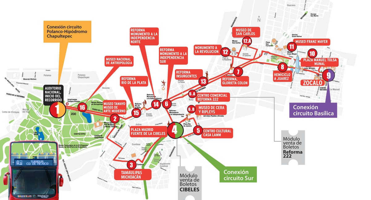 Mappa del tour in bus hop-on hop-off di Città del Messico con Turibus