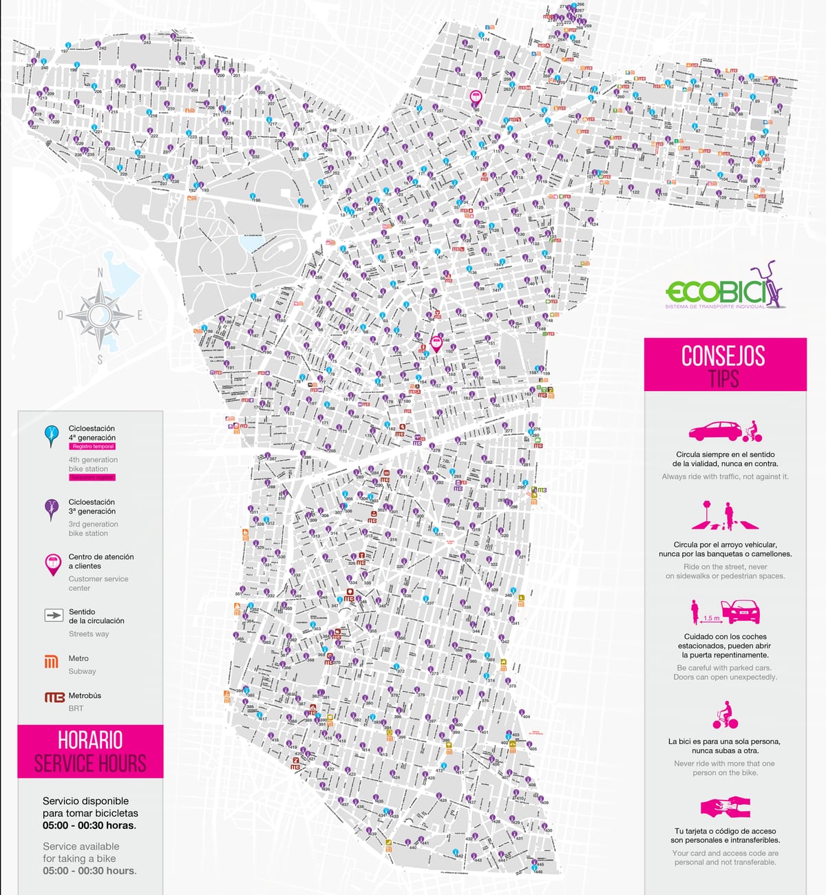 Mappa delle stazioni Ecobici di Città del Messico, stazioni di bike sharing e noleggio bici
